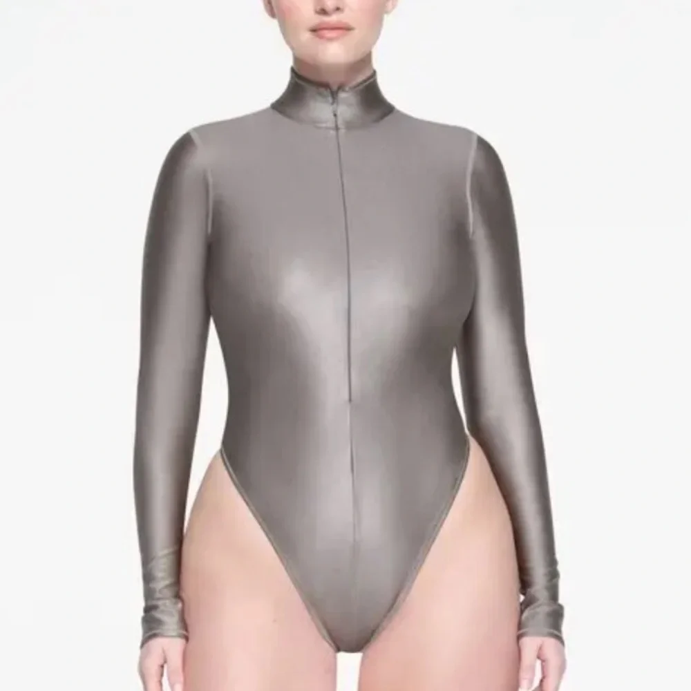 Skims shine swim zip front long sleeve one piece smoke medium nwt 🩶